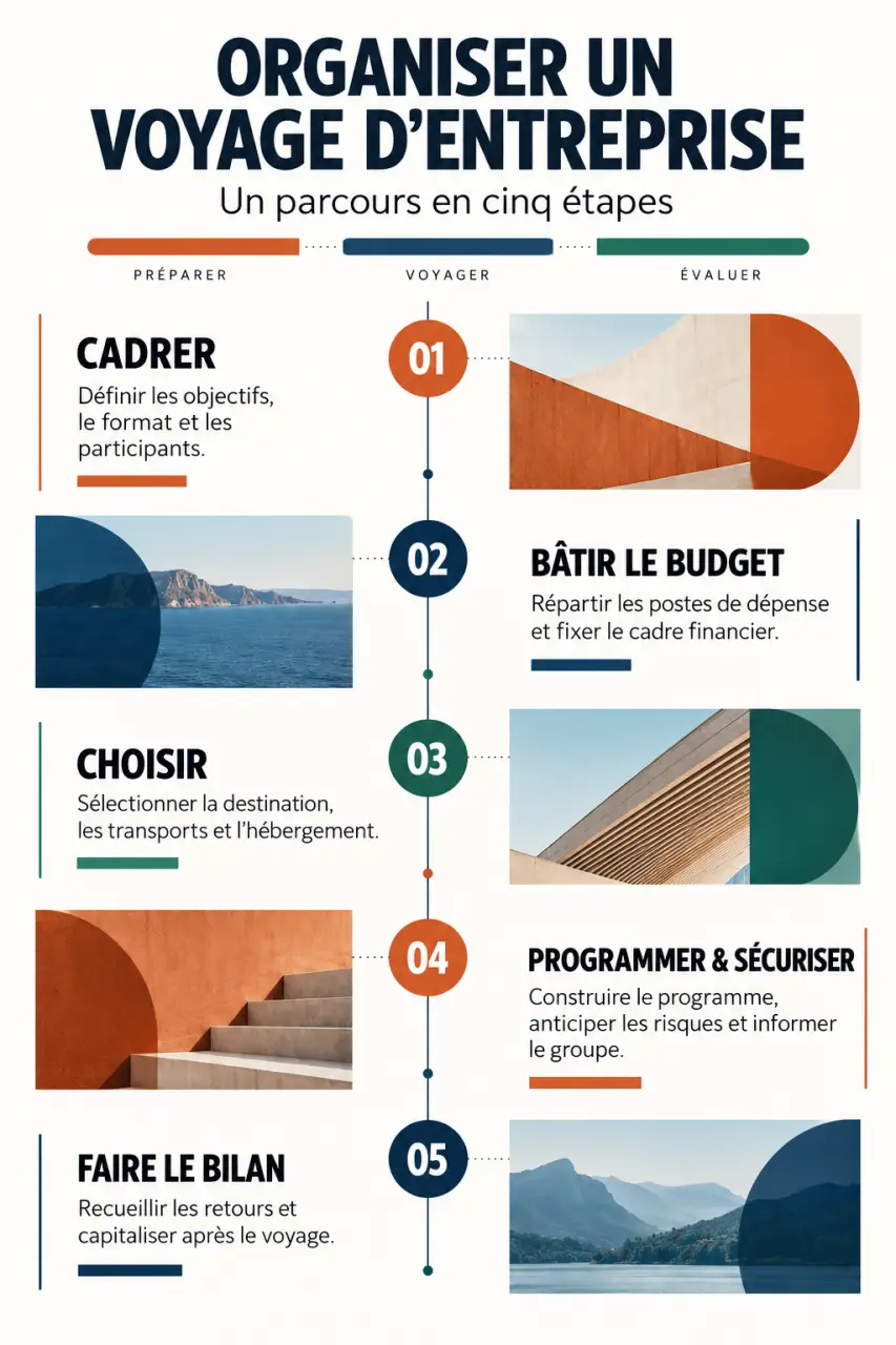 Organisation voyage entreprise : parcours visuel du cadrage au bilan
