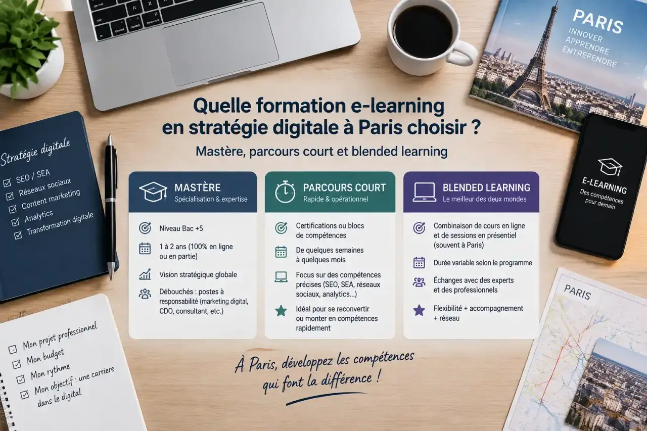 Quelle formation e-learning en stratégie digitale à Paris choisir entre mastère, parcours court et blended learning ?