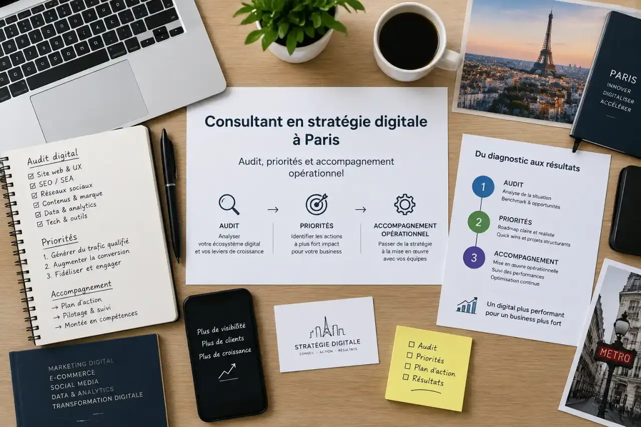 Consultant en stratégie digitale à Paris : audit, priorités et accompagnement opérationnel