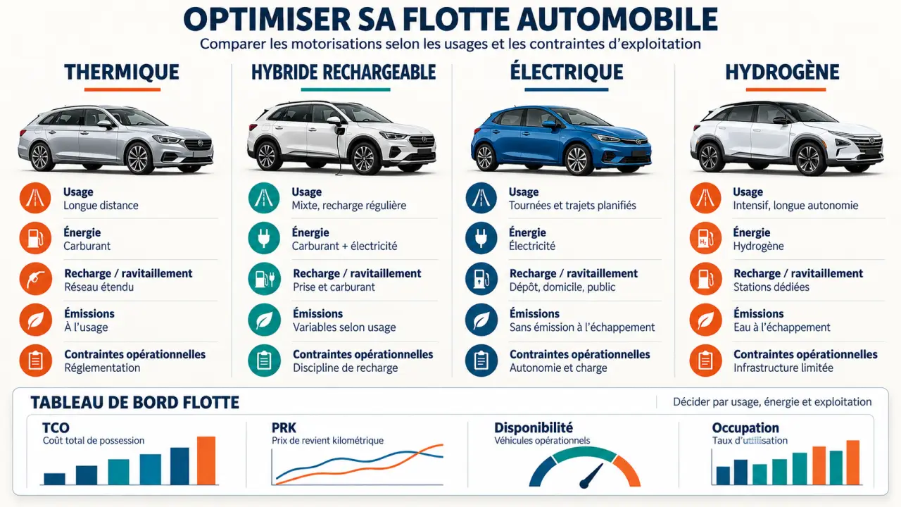 Infographie sur l’optimisation flotte automobile et le choix des motorisations selon les usages