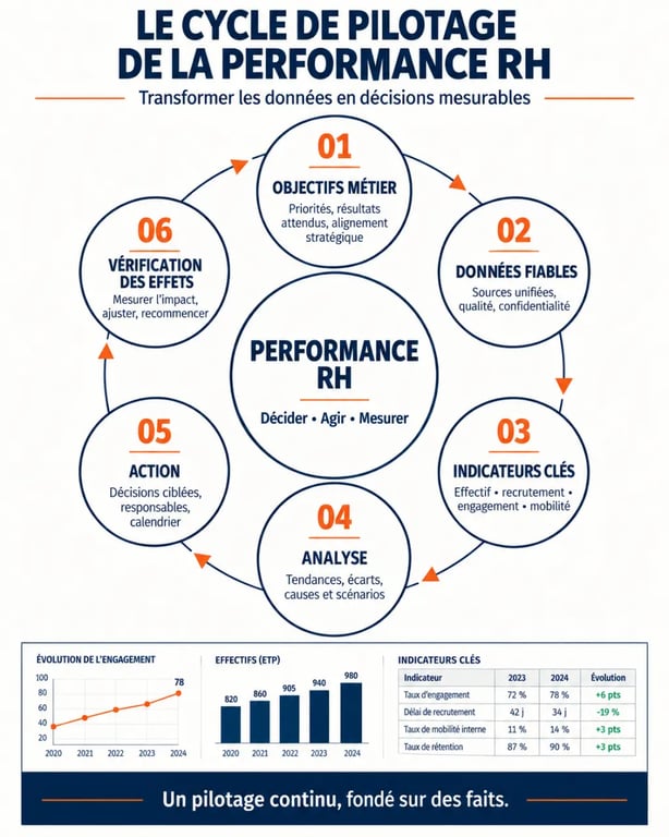 Cycle de pilotage de la performance ressources humaines, des objectifs aux indicateurs puis aux actions